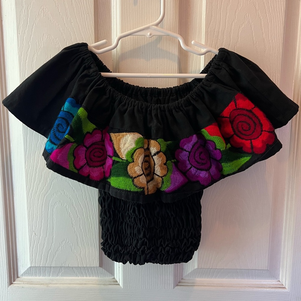 Black Off-Shoulder Top with Colorful Floral Embroidery